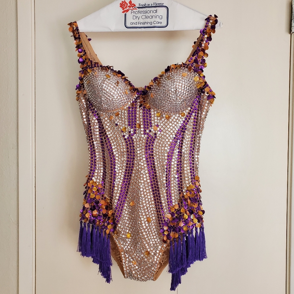 Embellished Purple & Gold One-Piece Rave Bodysuit - Picture 4 of 6